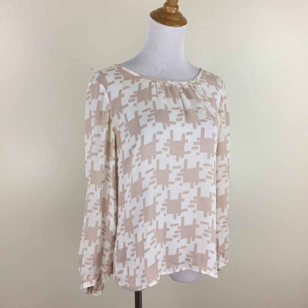 JOIE Cream Beige Printed 100% Silk Sheer Long Sleeve Shirt